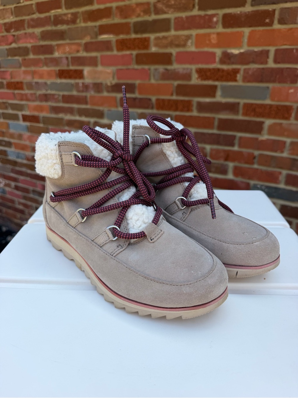SOREL Harlow Lace Cozy Waterproof Suede Sherpa Ankle Boots - Omega Taupe -Size 7